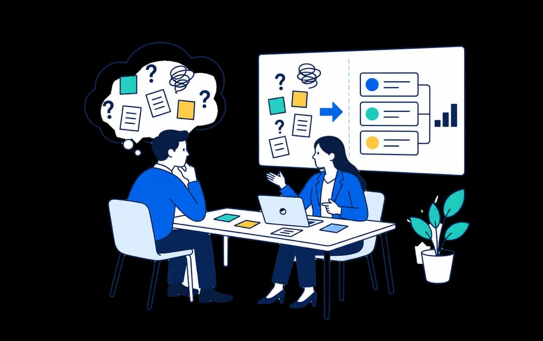 専門家と向かい合って課題を整理する様子のイラスト