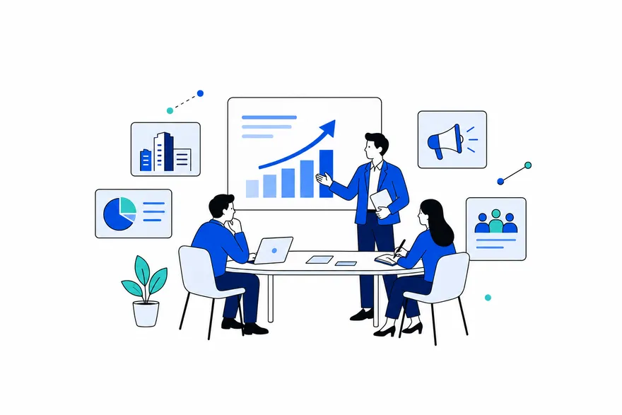 会議室で事業計画を説明する様子のイラスト