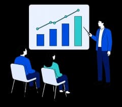 会議で調査結果を共有しながら企画を検討しているイラスト