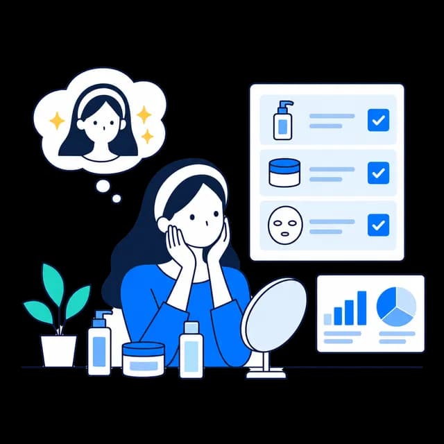 鏡の前でスキンケアをしながら美容の調査に答えている人のイラスト