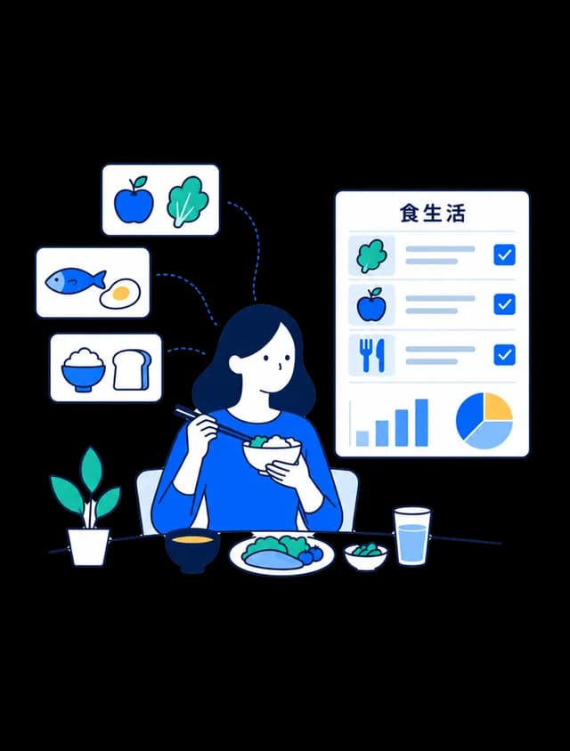 食卓で食事をとりながら食生活の調査に答えている人のイラスト