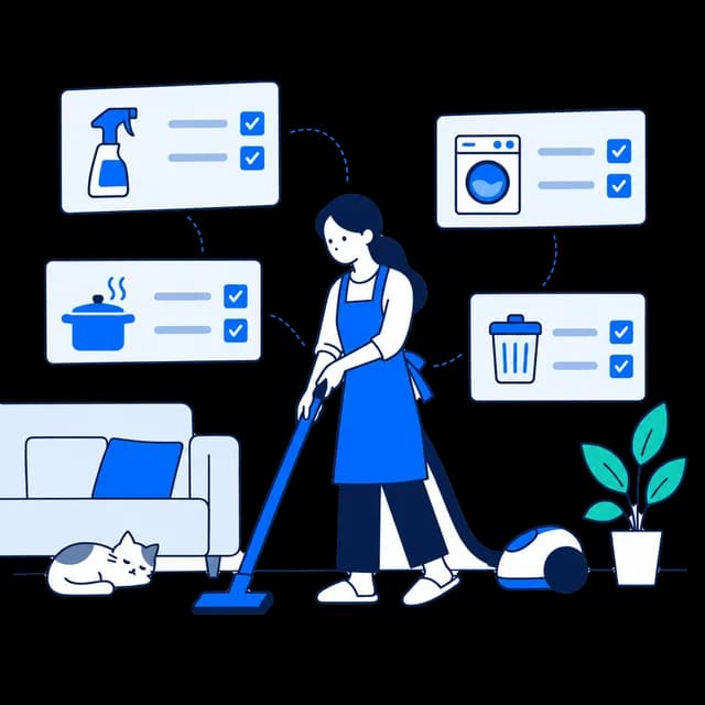 掃除機をかけながら家事の調査に答えている人のイラスト