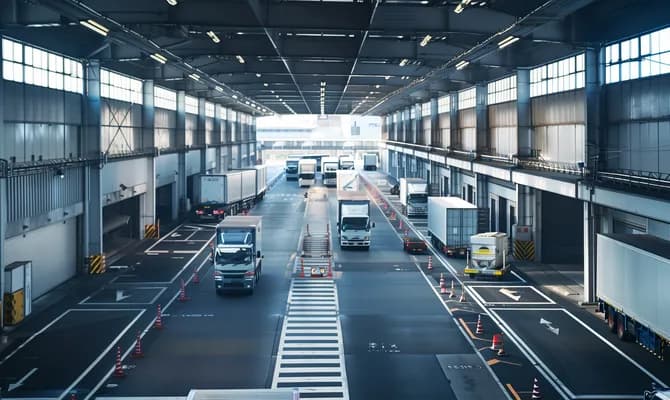 物流施設に並ぶトラック