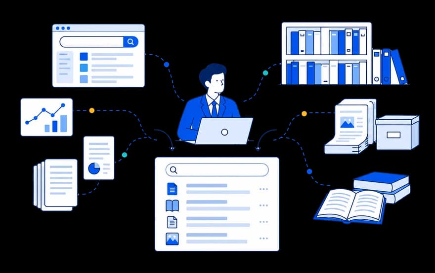 Web・書棚・レポートを横断して探している人のイラスト