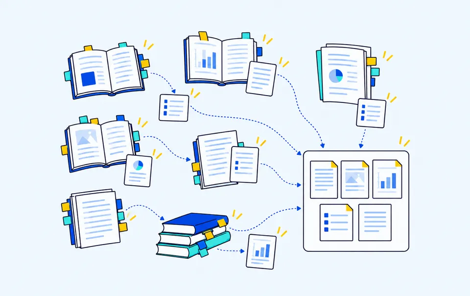 複数の資料から必要なページを拾い読みする様子