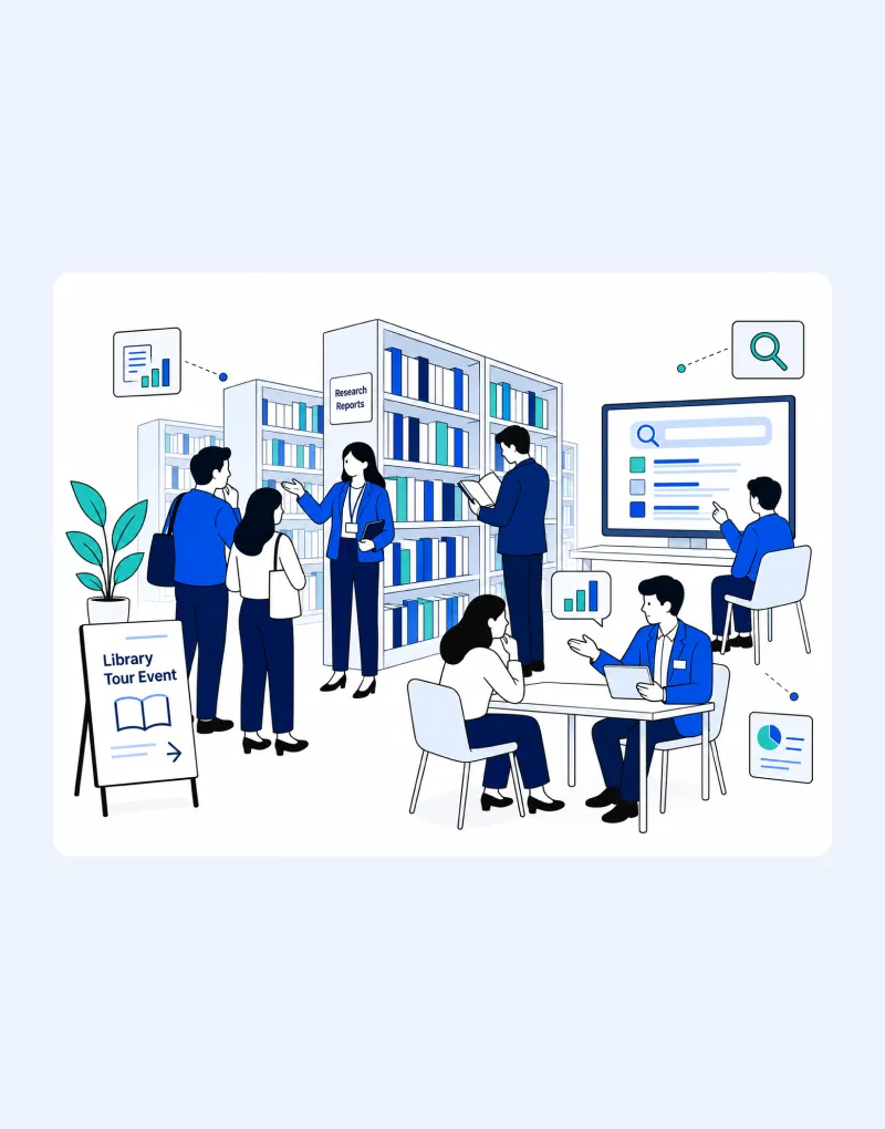 ライブラリ見学会の様子のイラスト。資料棚の案内と検索デモ、打ち合わせ