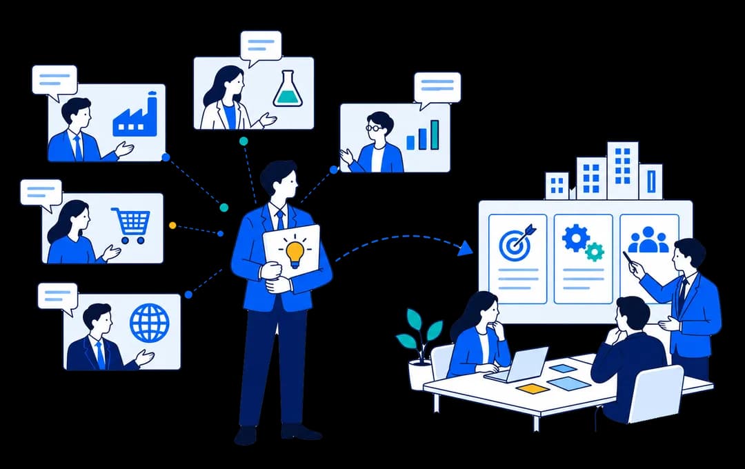 他社の視点を自社のテーマへ持ち帰る様子のイラスト