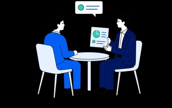 テーブル越しに資料を見せながら打ち合わせをする2人のイラスト